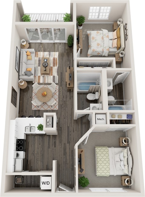 Floor plan for 2 beds, 2 baths, 945 sqft